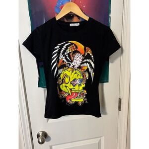 Riflessi Black Graphic T Shirt Eagle Skull Print Women's Size L y2k